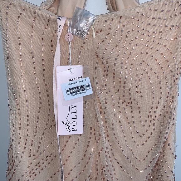 Oh Polly TOULOUSE Embellished Twist Neck Mini Dress in Sand - Picture 8 of 9